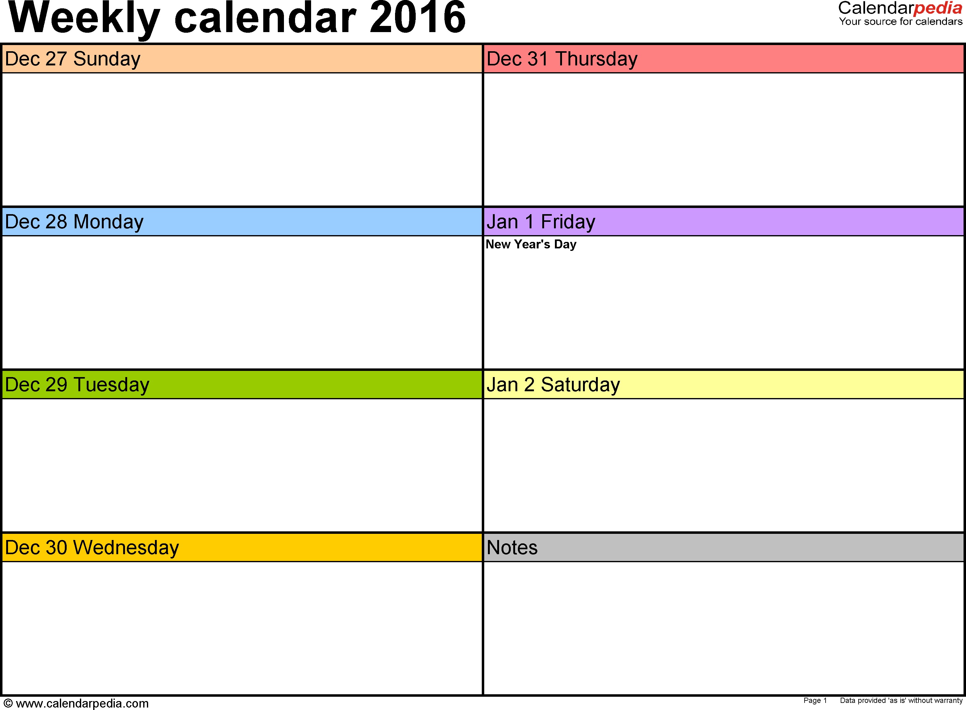 Weekly calendar 2016 for Word 12 free printable templates