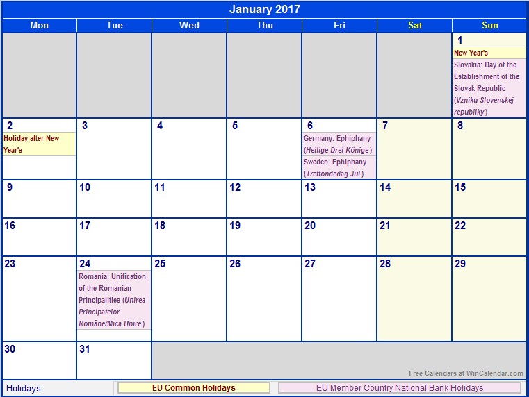 January 2017 EU Calendar with Holidays for printing image