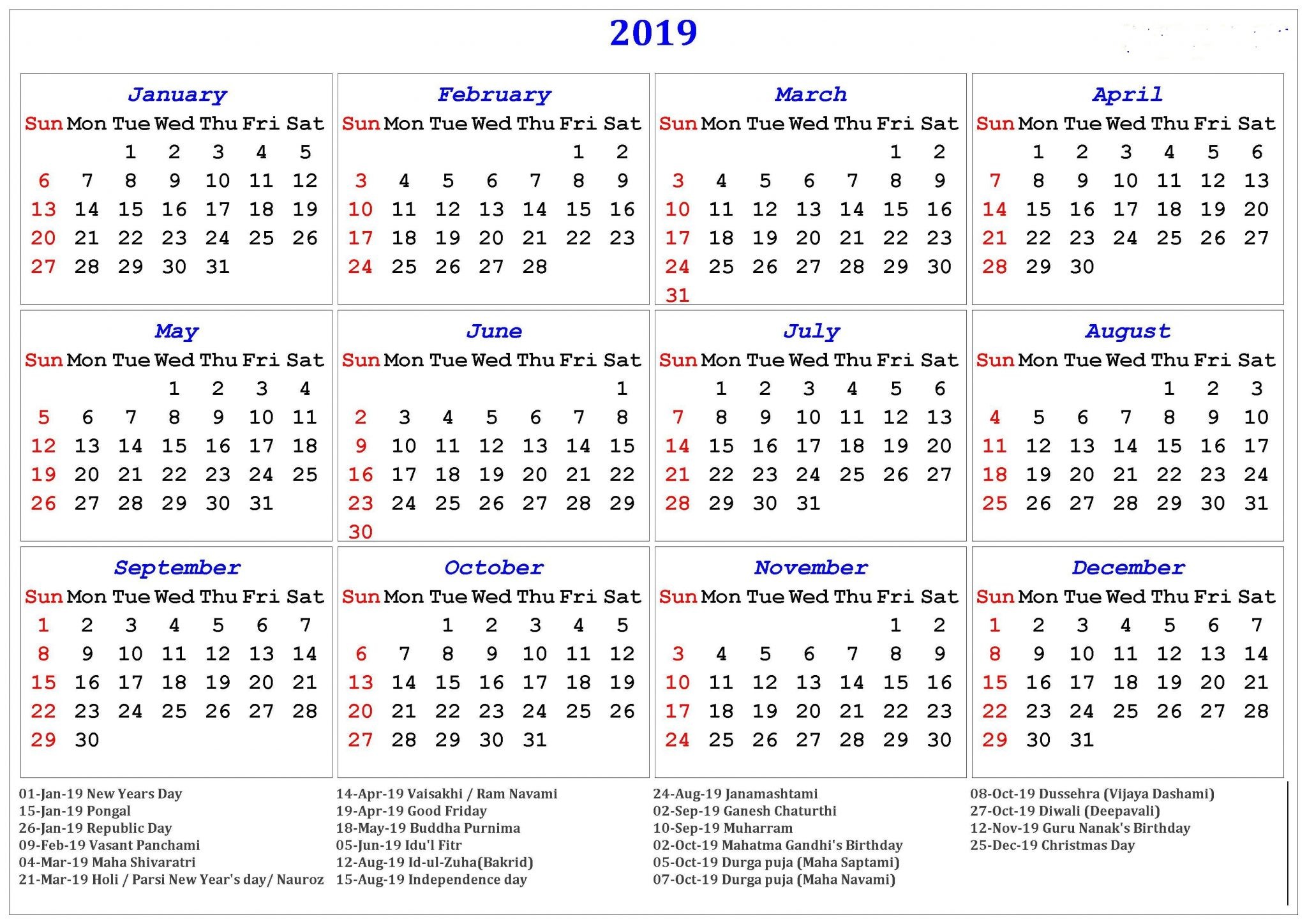 Free Printable Calendar 2019 in PDF Word Excel Template