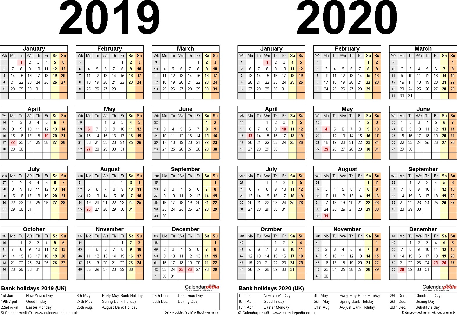 Two year calendars for 2019 & 2020 UK for PDF