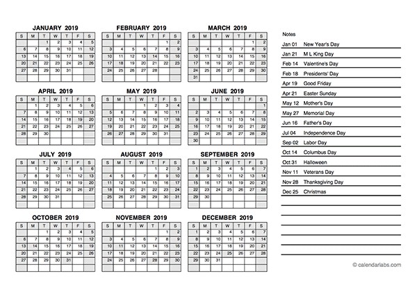 2019 Yearly Calendar PDF Free Printable Templates