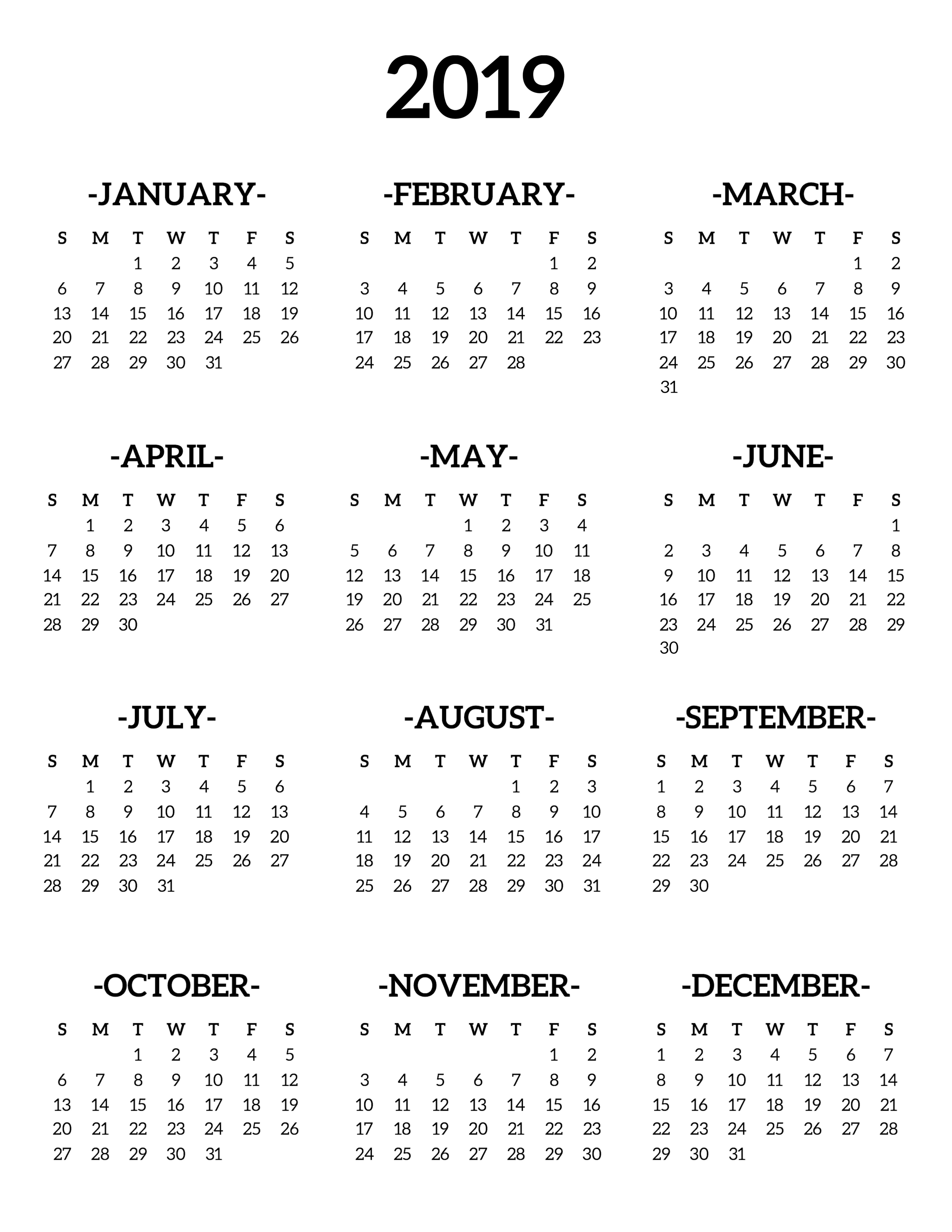 Calendar 2019 Printable e Page Paper Trail Design