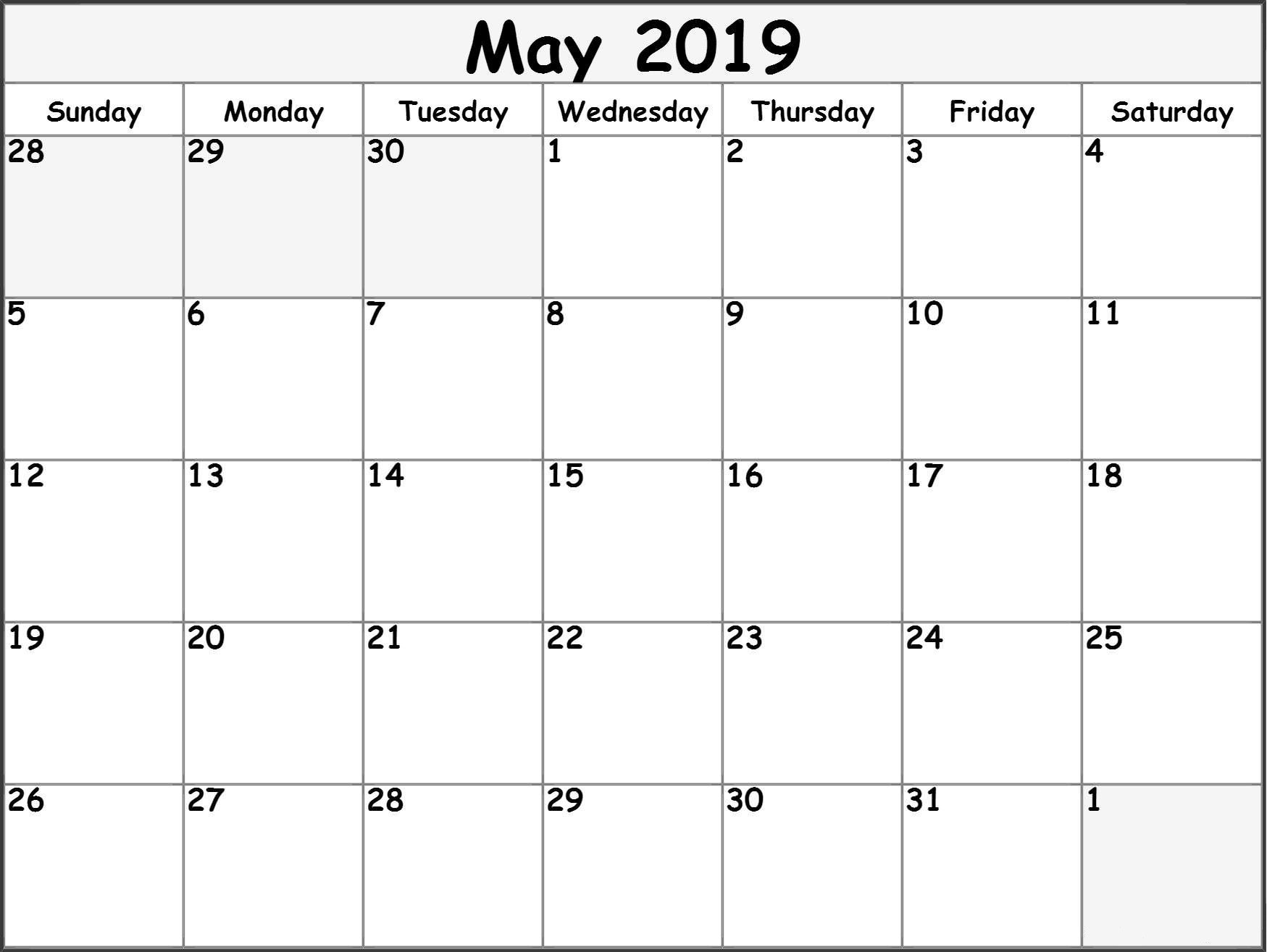 May 2019 Printable Calendar Templates Free Blank PDF