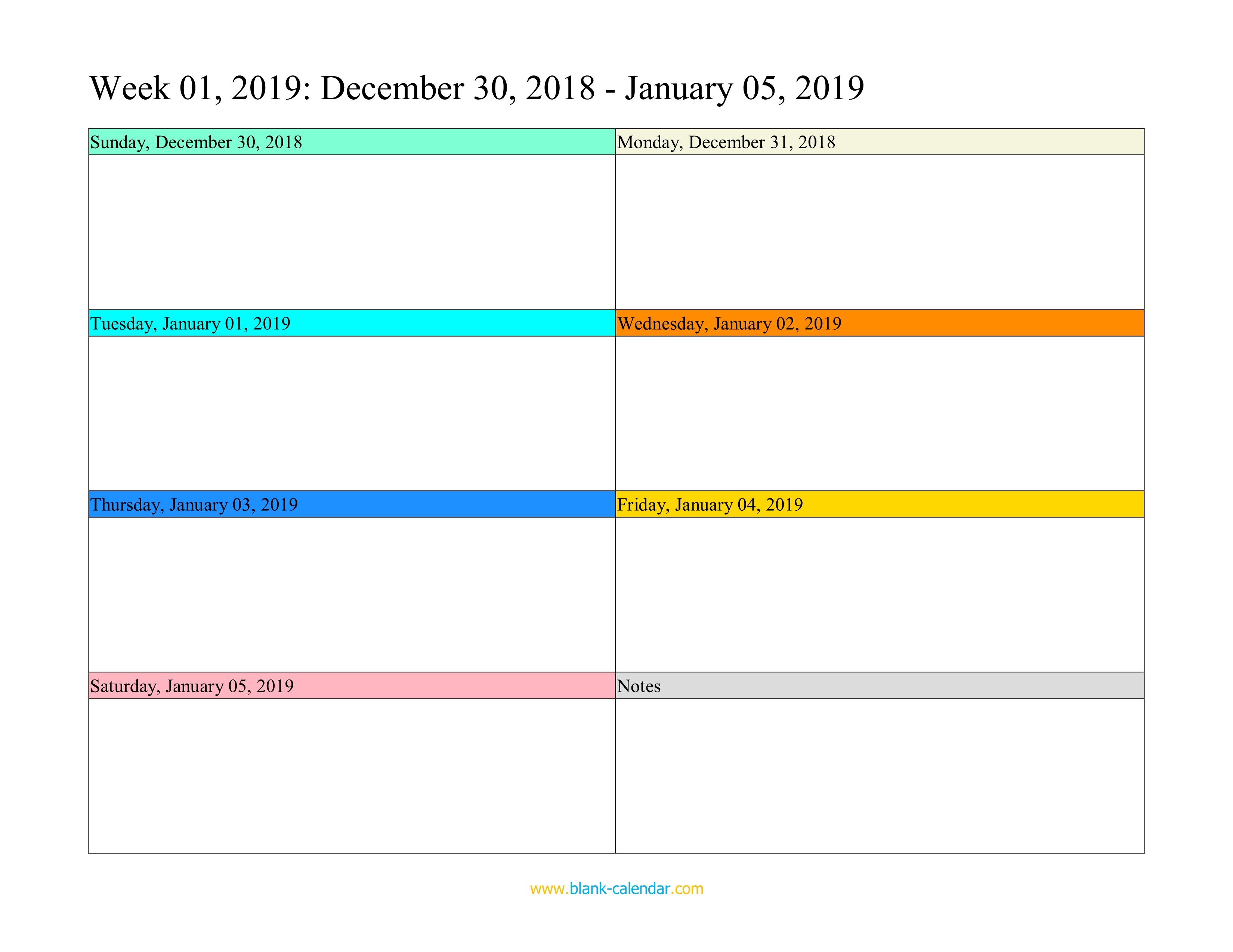 Weekly Calendar 2019 WORD EXCEL PDF