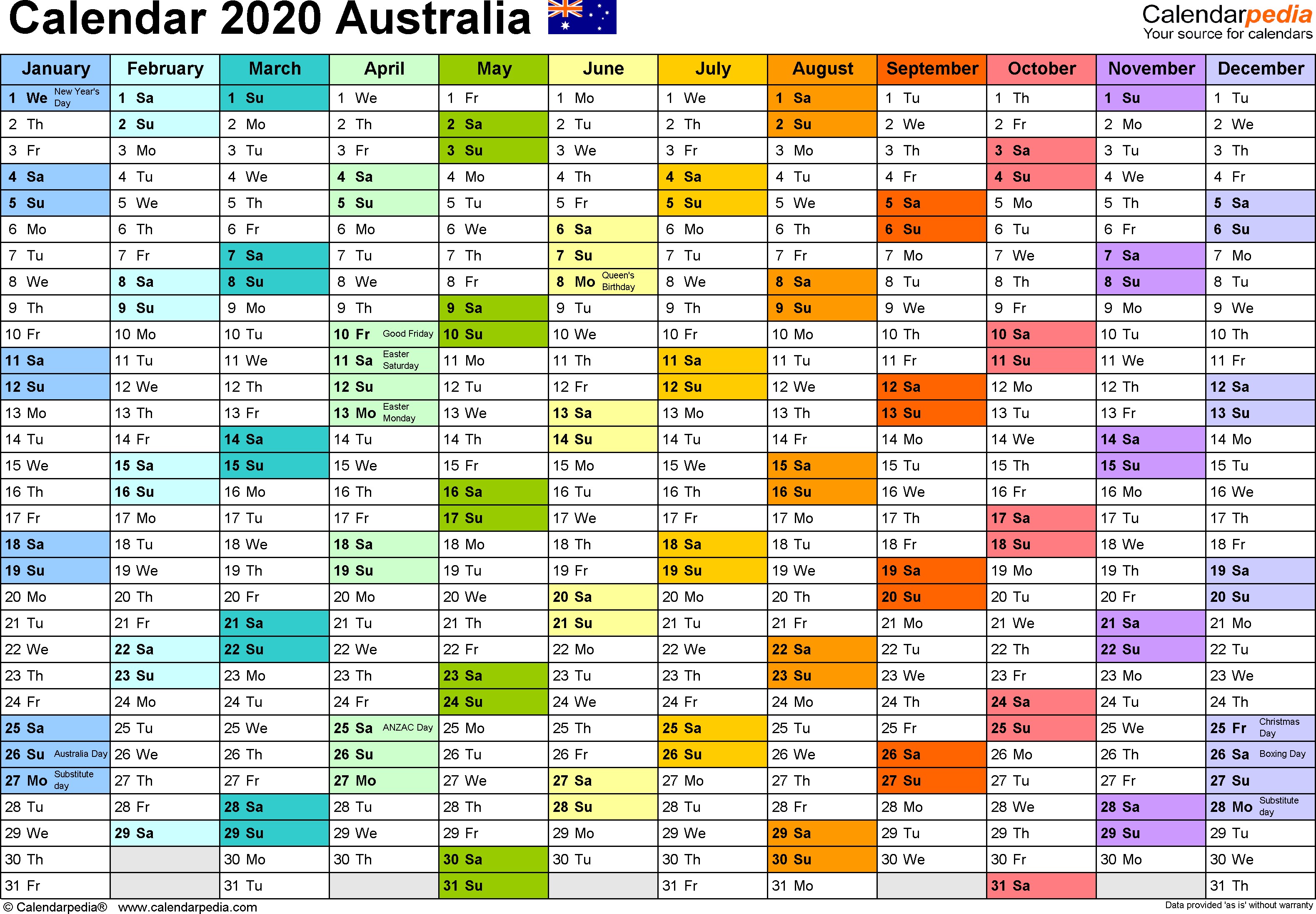Australia Calendar 2020 free printable PDF templates