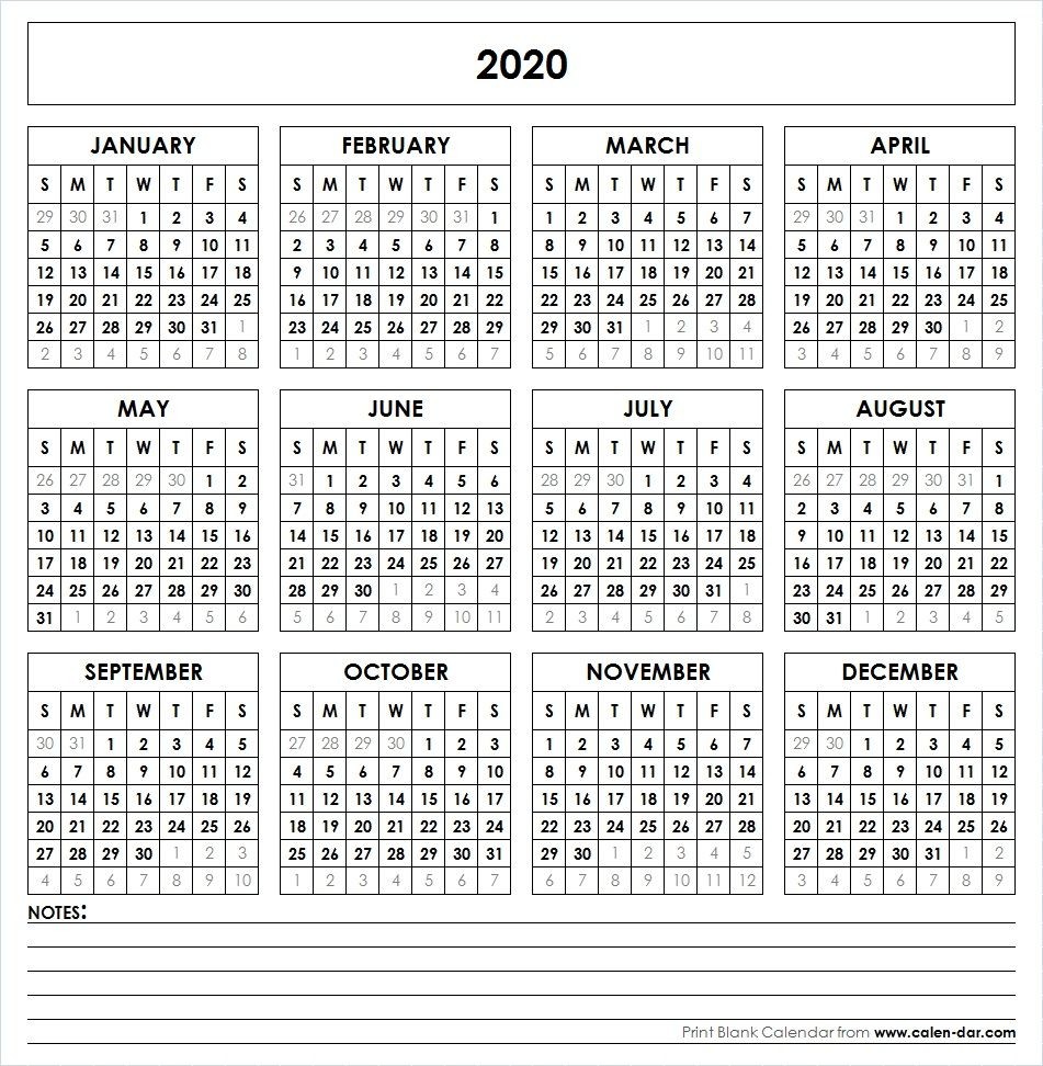 2020 Printable Calendar Yearly Calendar