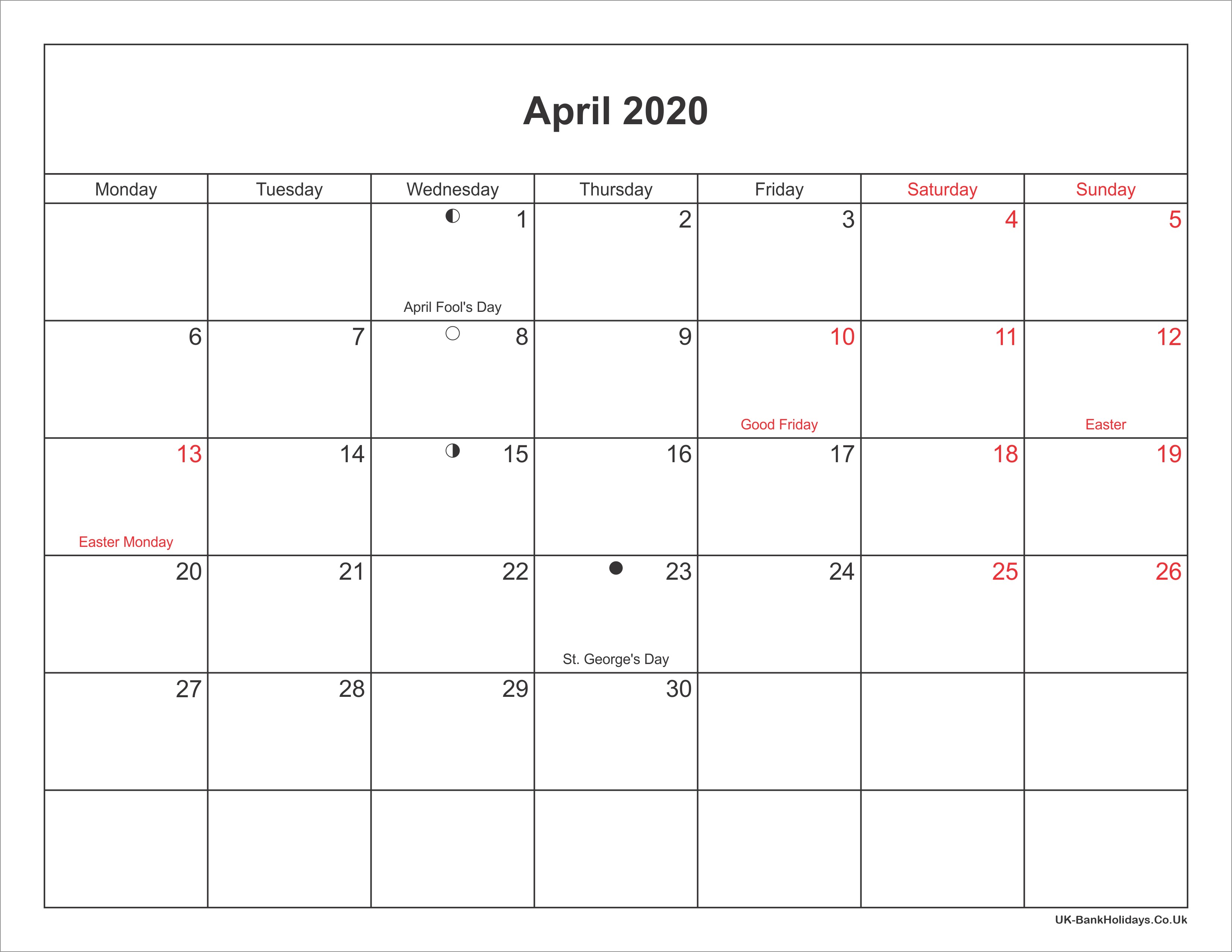 April 2020 Calendar Printable with Bank Holidays UK