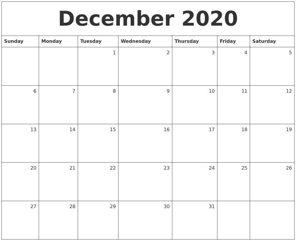 December 2020 Monthly Calendar