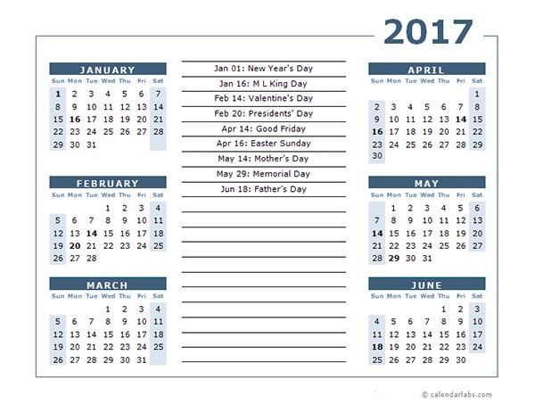 2017 Calendar Template 6 Months Per Page Free Printable
