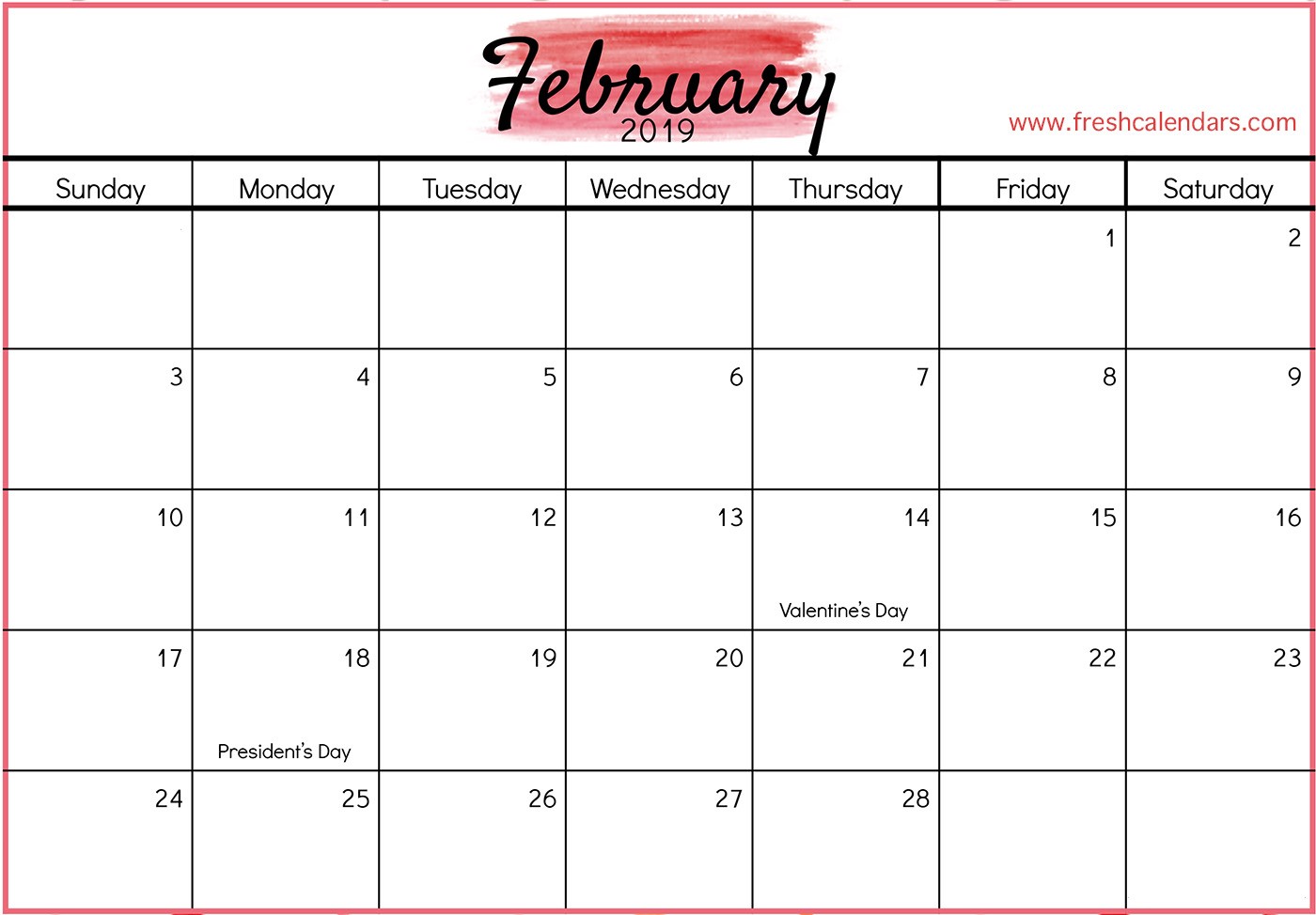 Blank February 2019 Calendar Printable Templates