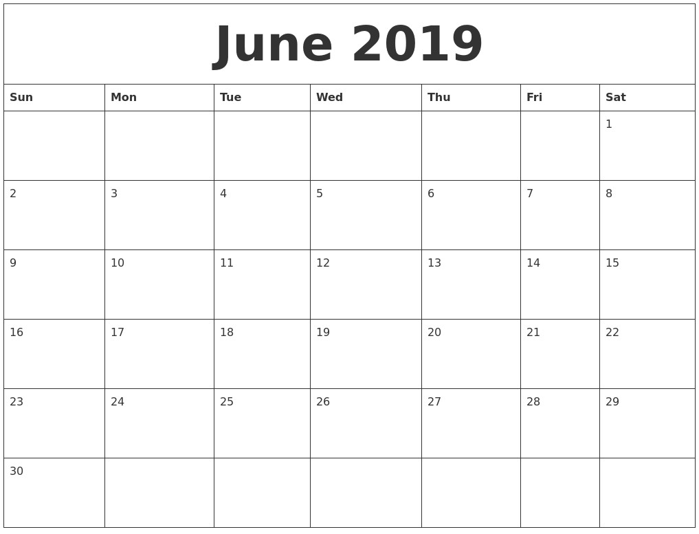 June 2019 Blank Monthly Calendar Template