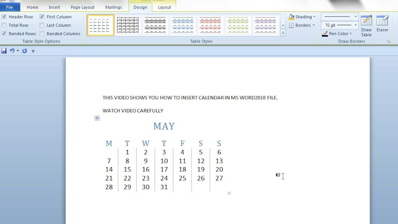 how to insert Calendar in MS WORD2010 Document