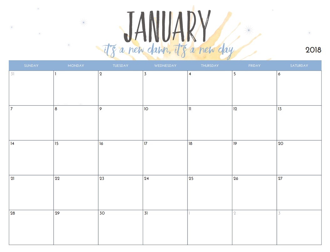 Free Printable 2018 Monthly Calendar