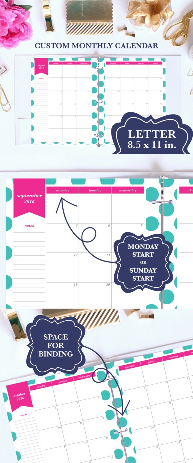 Custom Monthly Calendar Printable 8 5x11in Month on 2