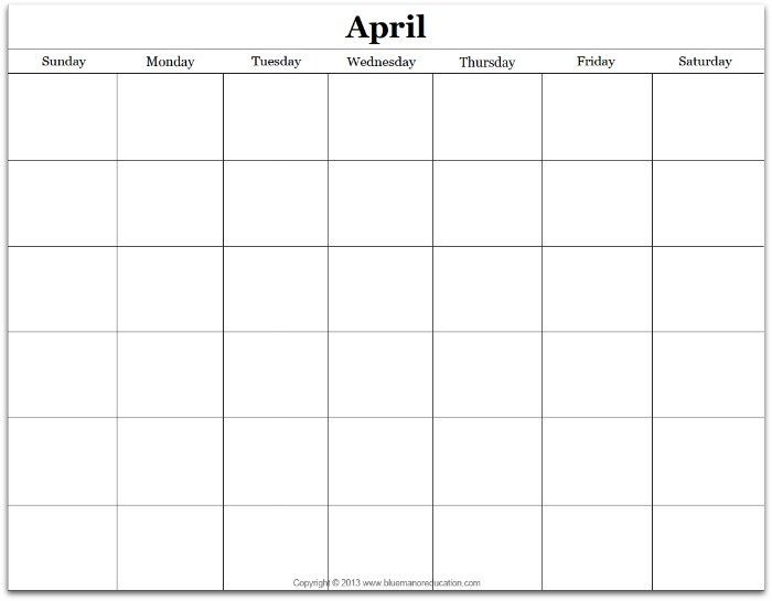 Free Monthly Blank Calendar Printable Any Year