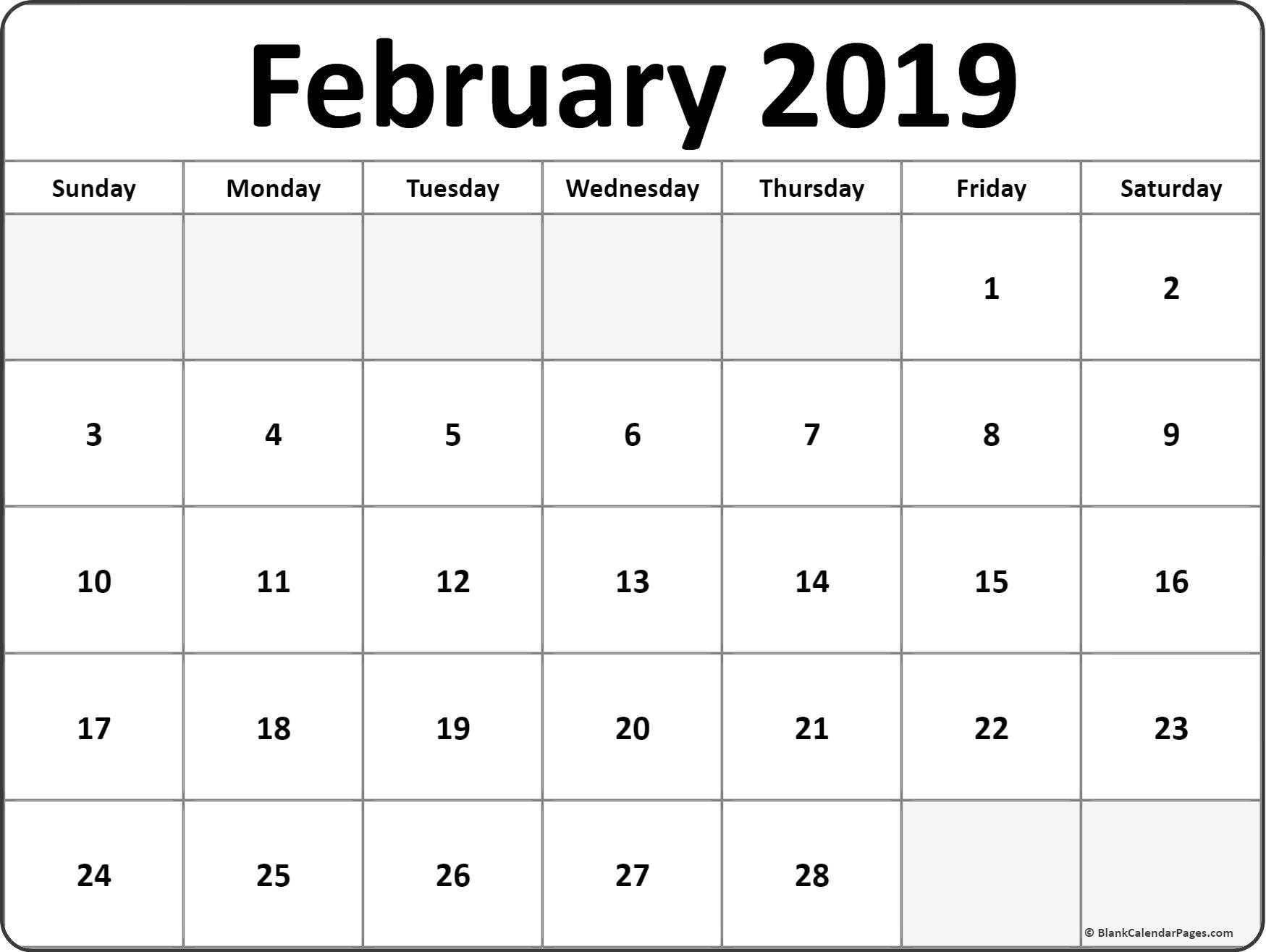 February 2019 blank calendar templates