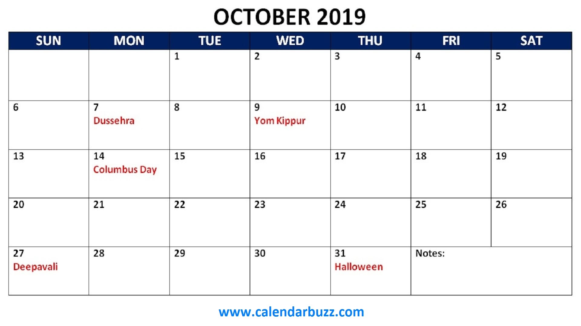 Free 2019 Holidays Printable Calendar Monthly Templates