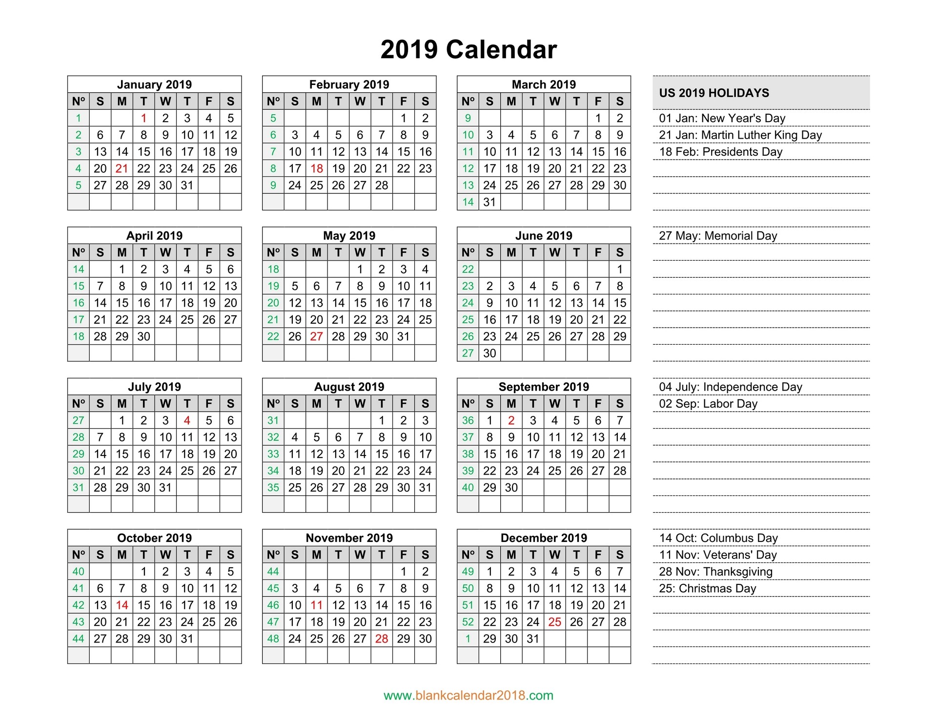 blank holidays calendar 2019 landscape