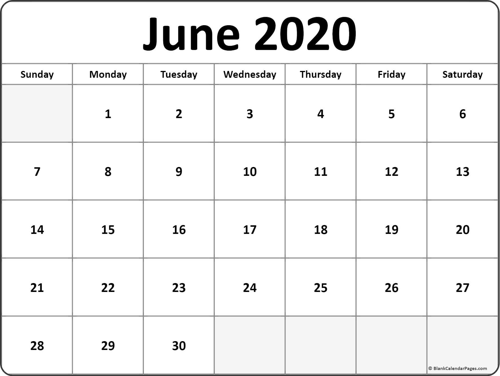 June 2020 blank calendar templates