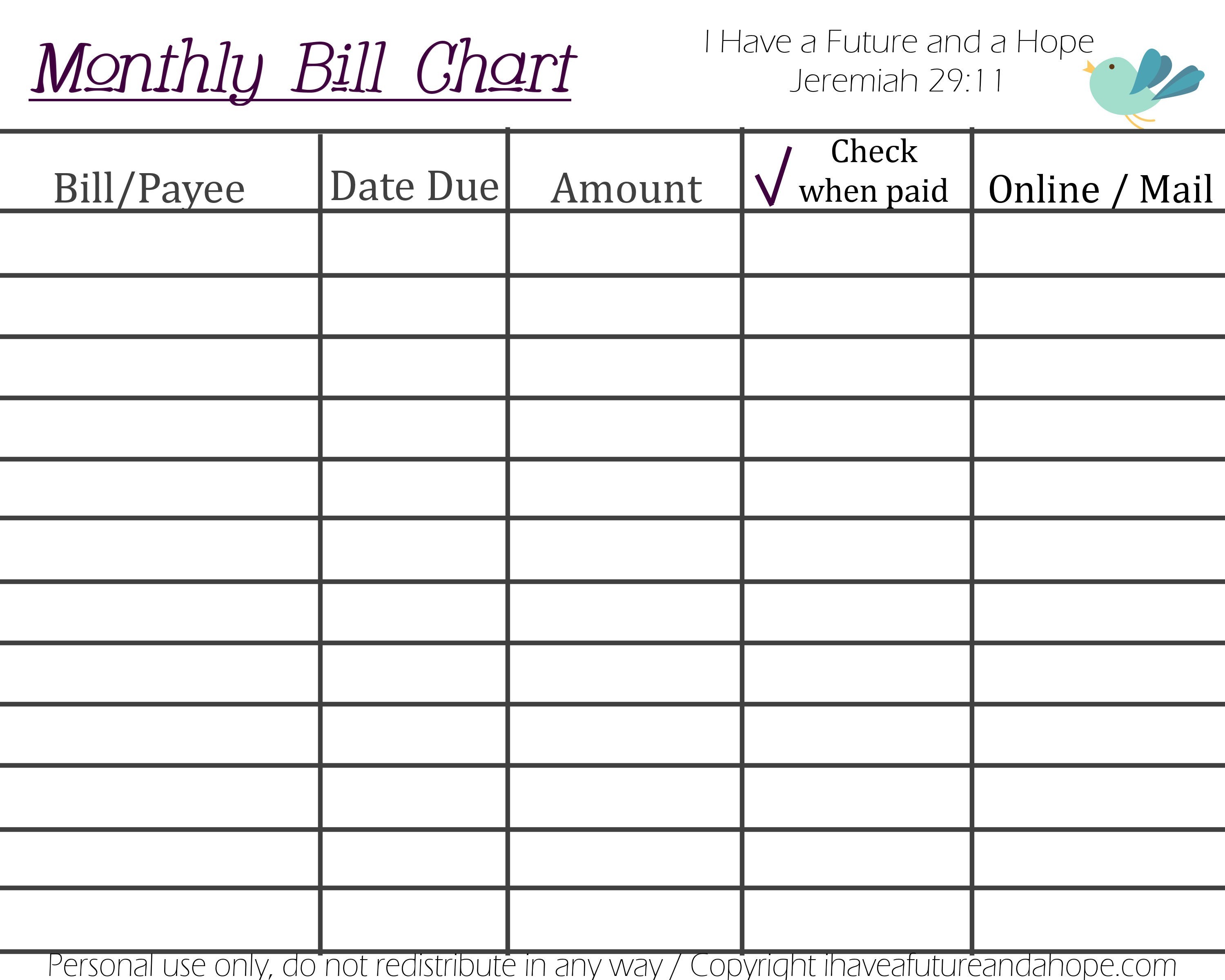 Blank Monthly Calendar for Bill Pay Printable 2018