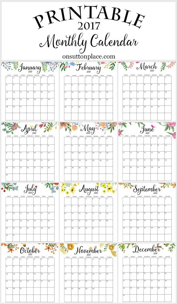 2017 Free Printable Monthly Calendar