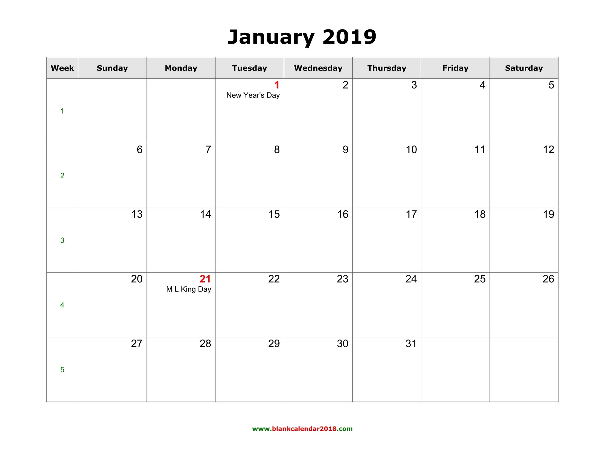 blank monthly holidays calendar 2019 landscape