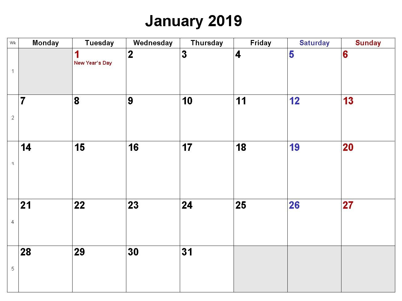 January 2019 Calendar Download in Word Excel PDF Formats