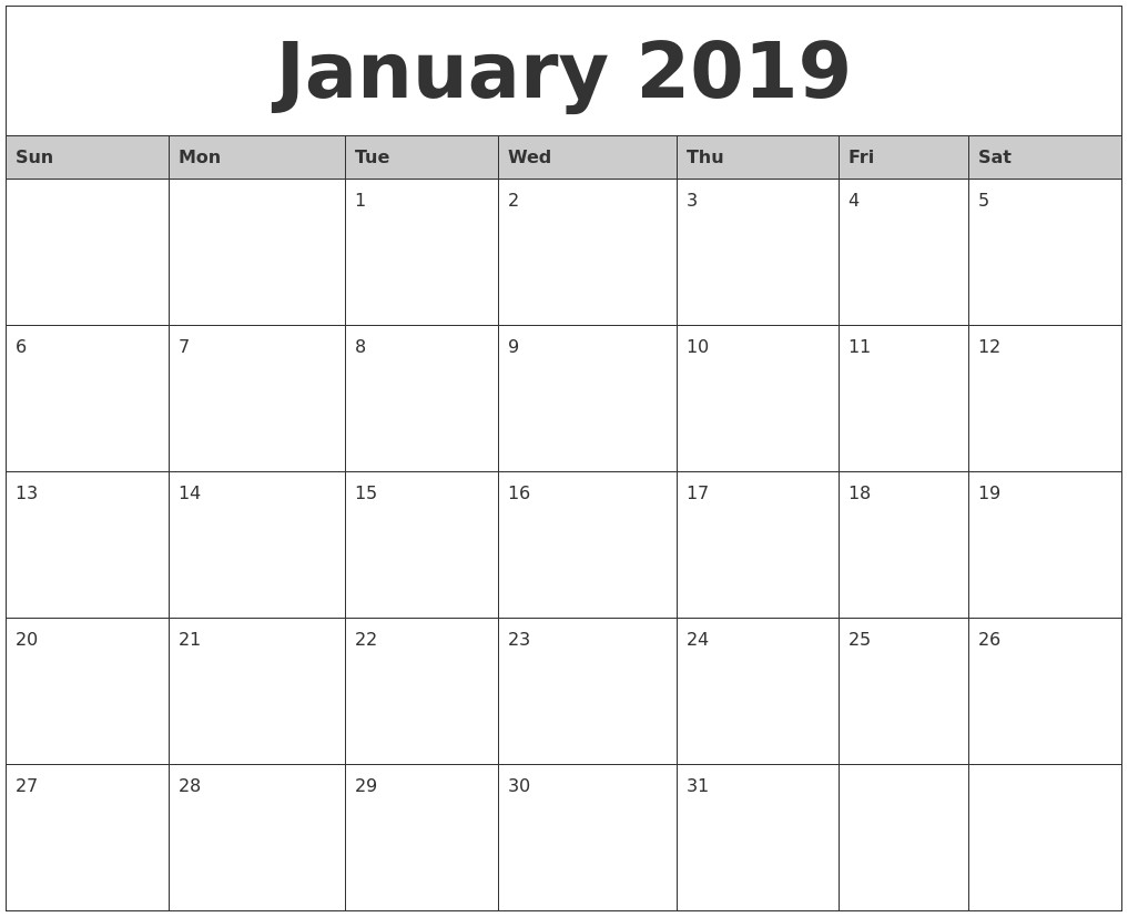 Free January 2019 Calendar in Printable Format Templates