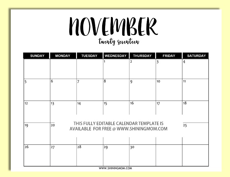 Free Printable Fully Editable 2017 Calendar Templates in