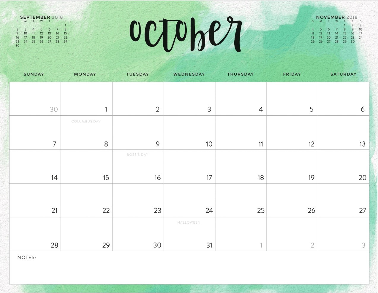 Free October 2018 Calendar in Printable Format Templates