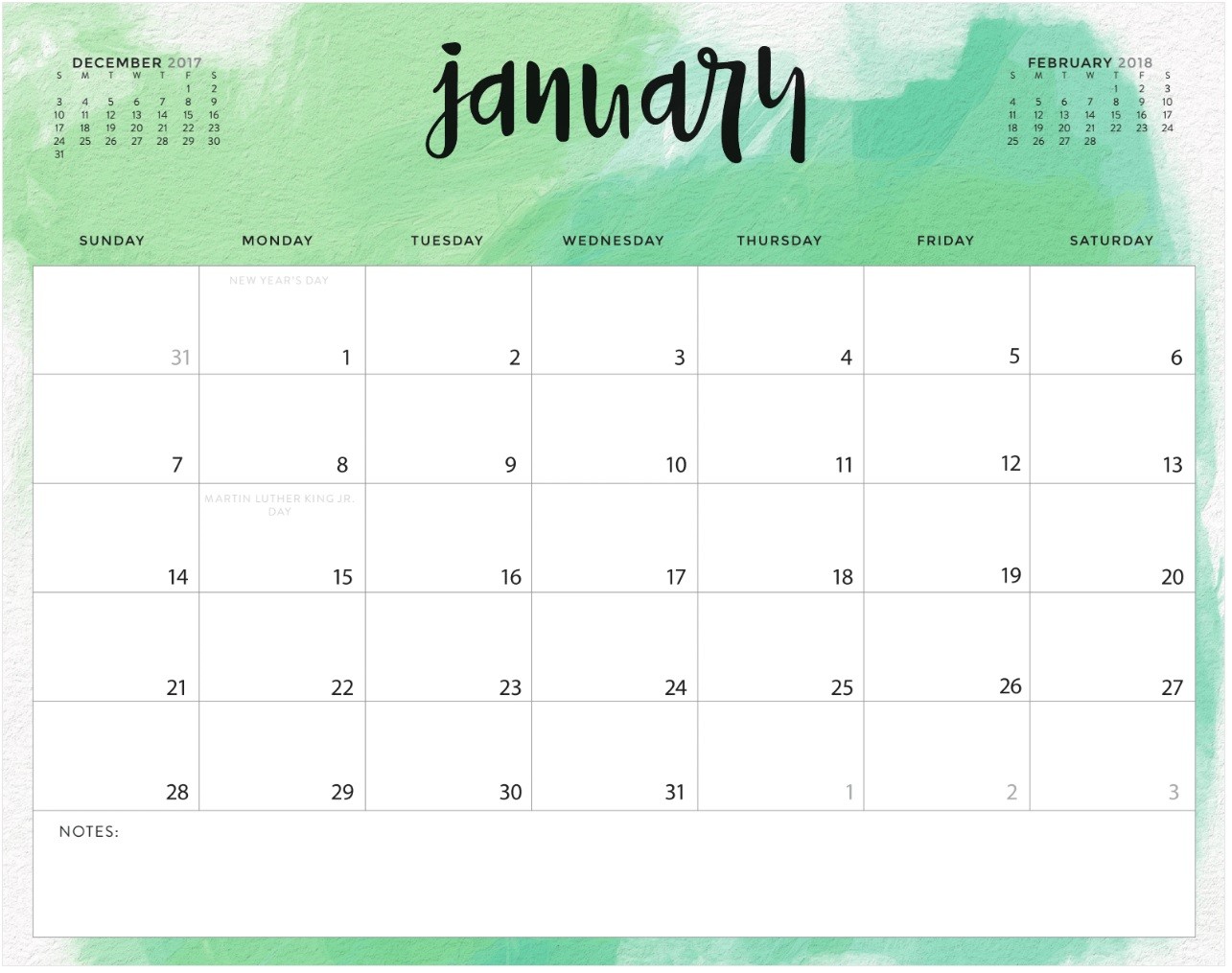 Pretty January 2018 Calendar