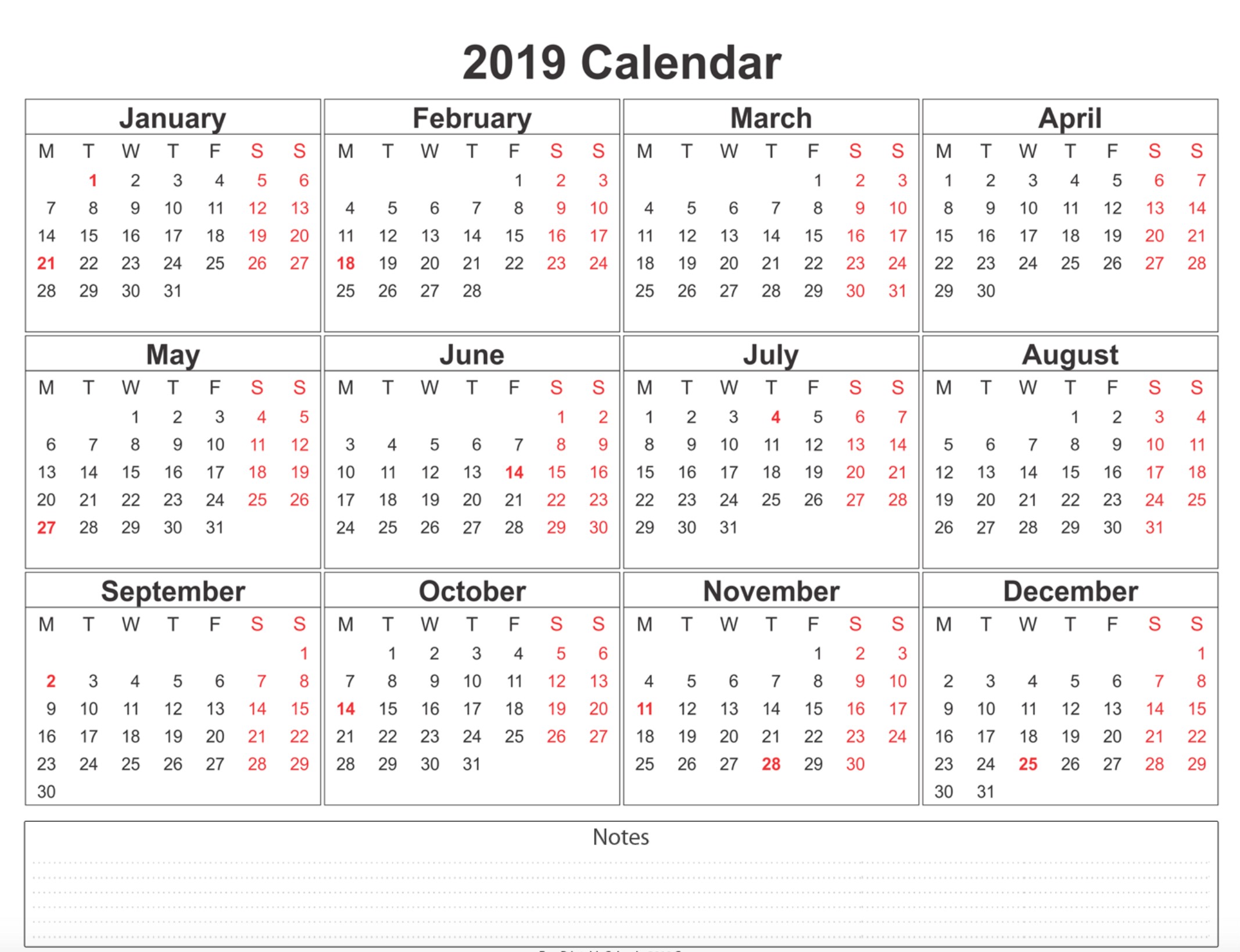 Printable Calendar 2019 With School Holidays