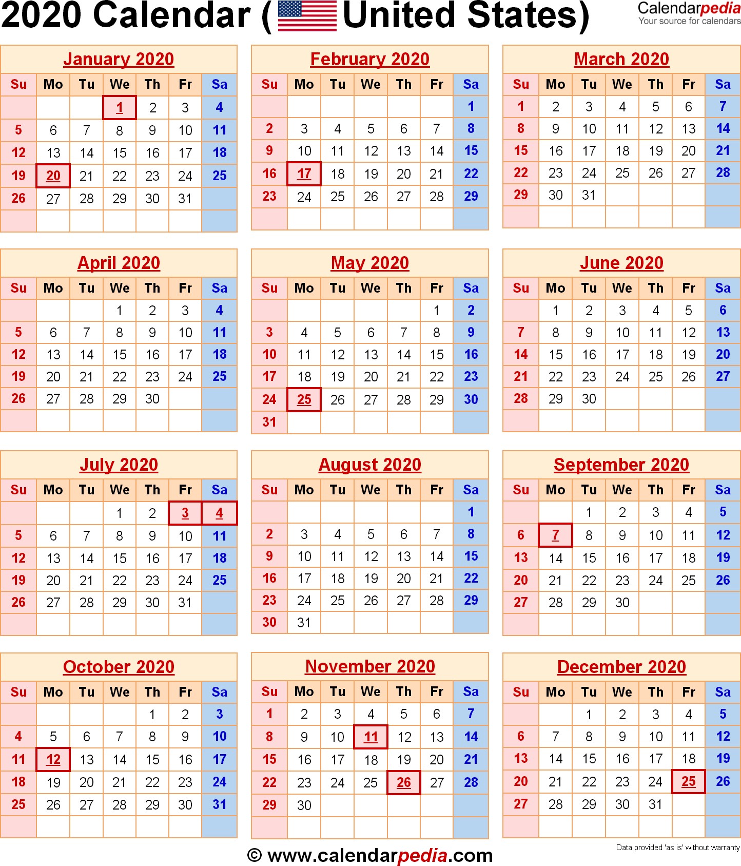 2020 Calendar with Federal Holidays & Excel PDF Word templates