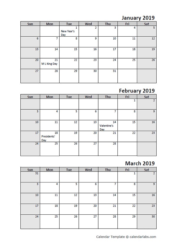 Free 2019 Quarterly Calendar Printable 3 Month Templates