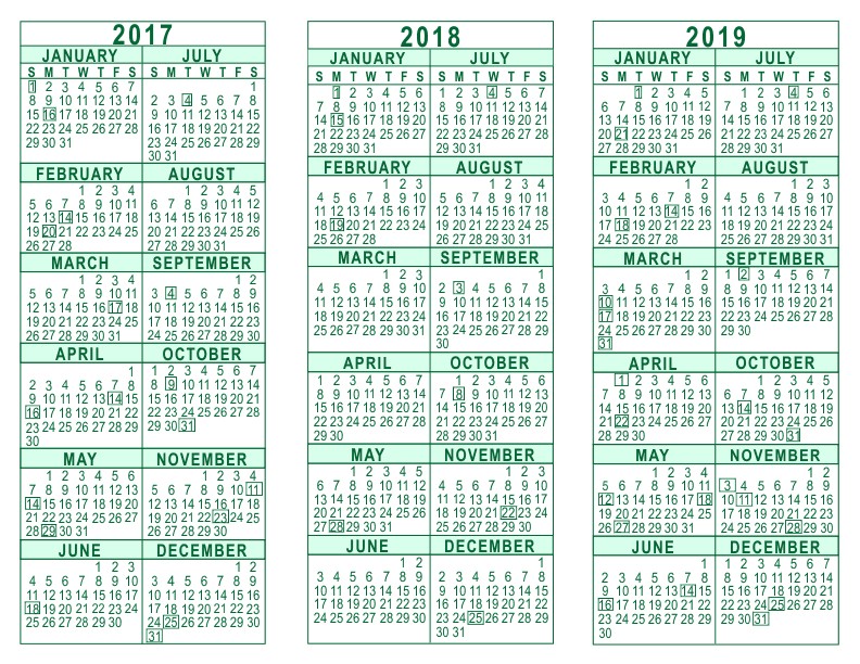 2017 2018 2019 3 Year Calendar