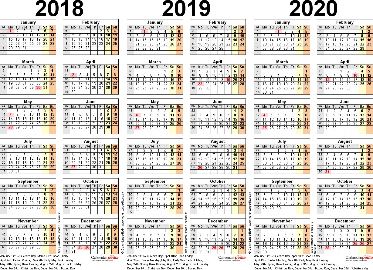 Three year calendars for 2018 2019 & 2020 UK for Word