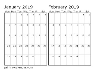 2019 Two Months per page printable calendar