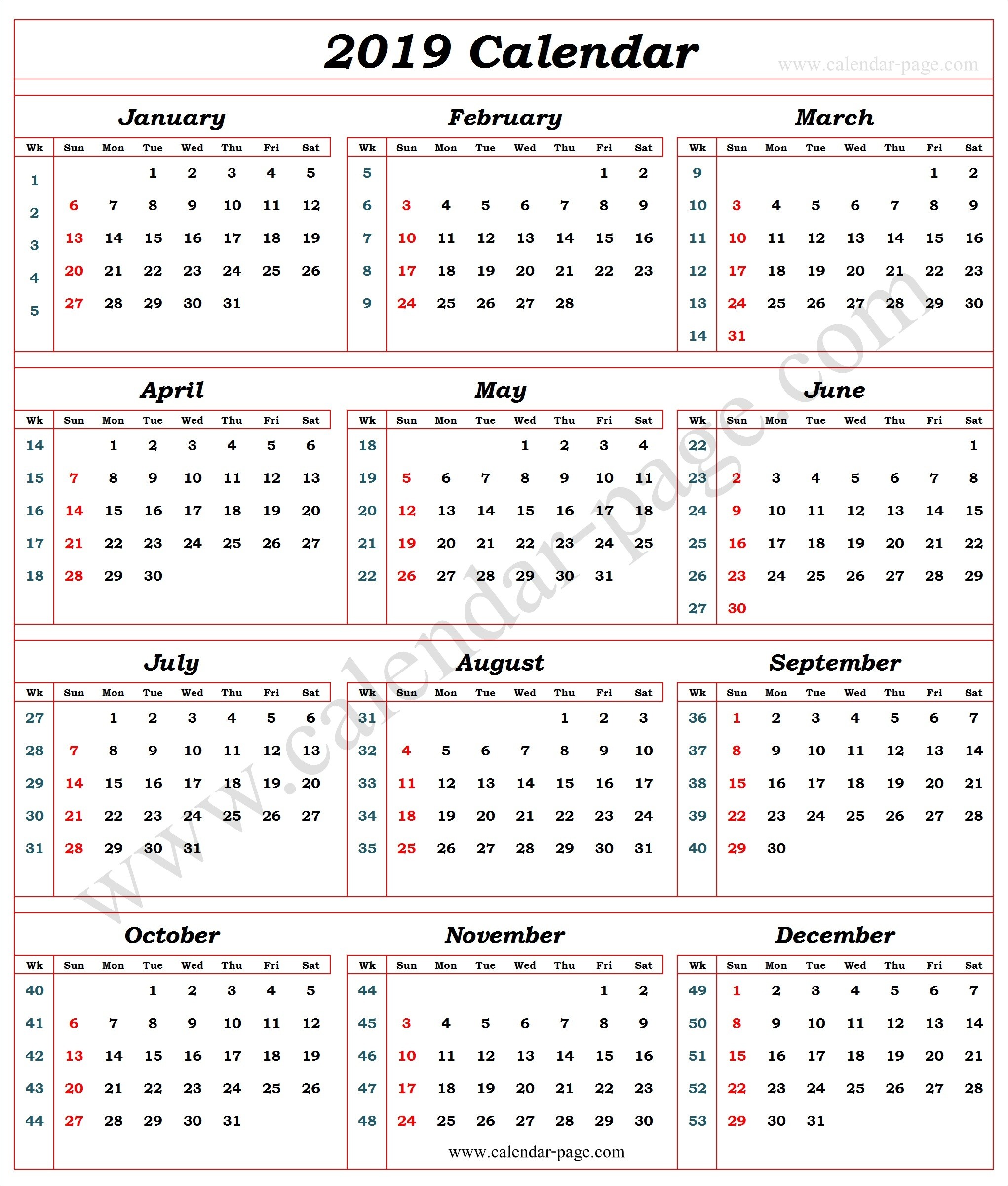 Calendar 2019 With Week Numbers Blank Calendar 2019