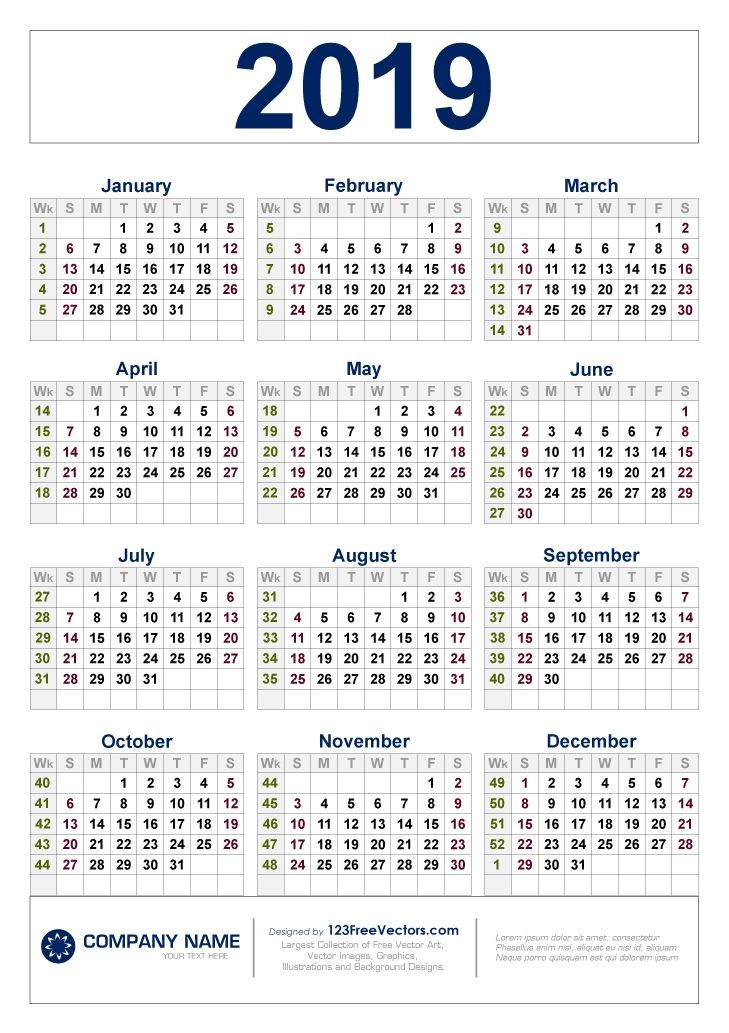 Free Download 2019 Calendar with Week Numbers