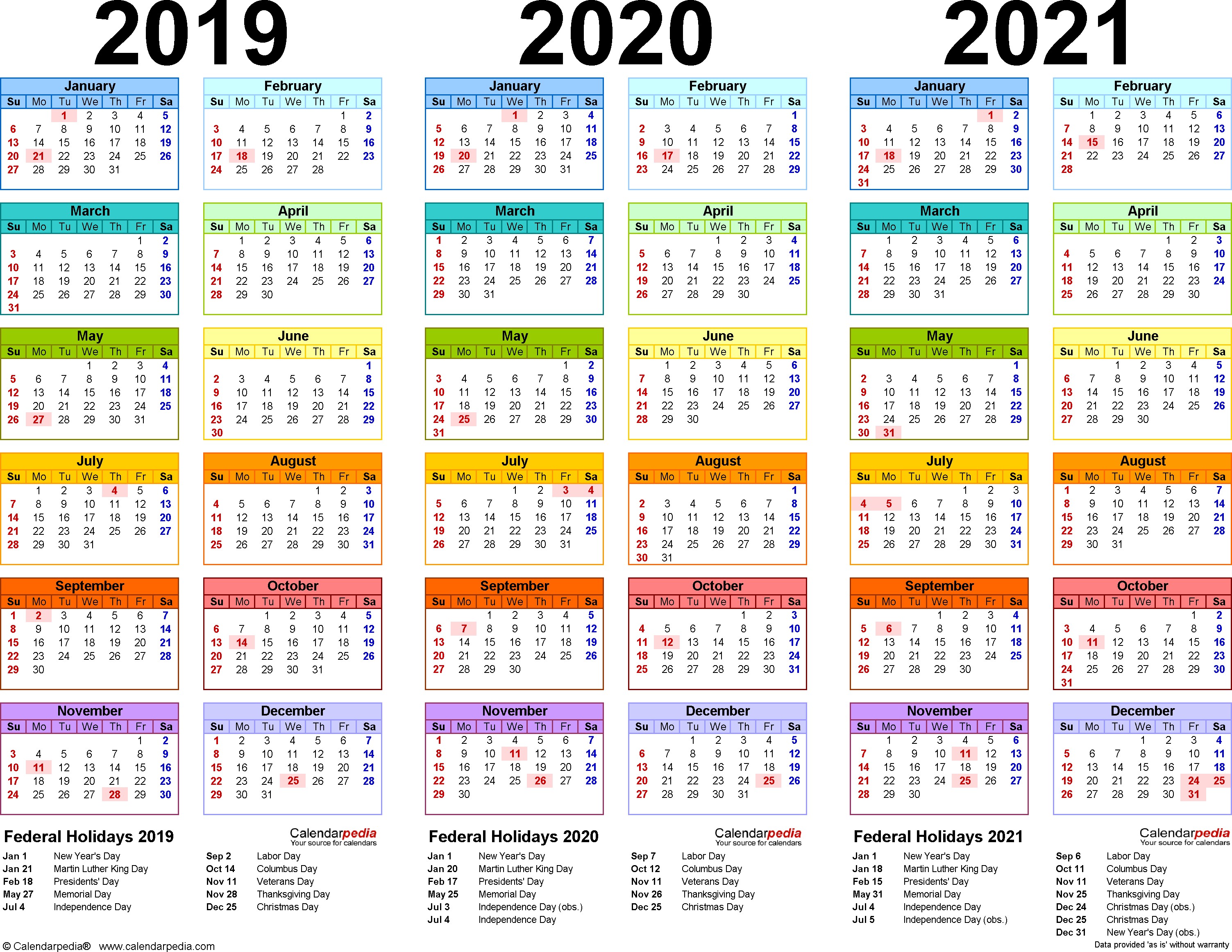 2019 2020 2021 calendar 4 three year printable Excel