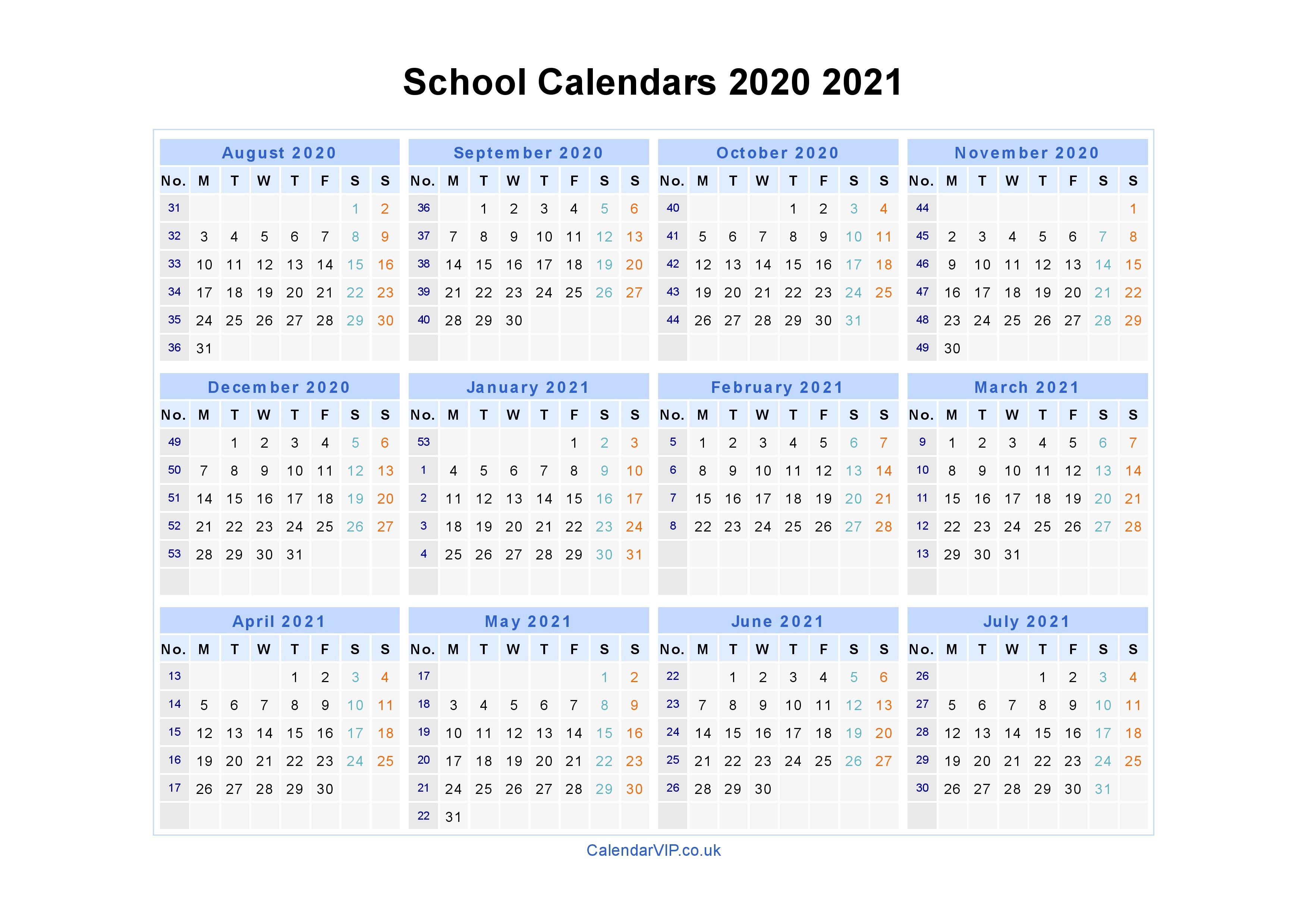 School Calendars 2020 2021 Calendar from August 2020 to