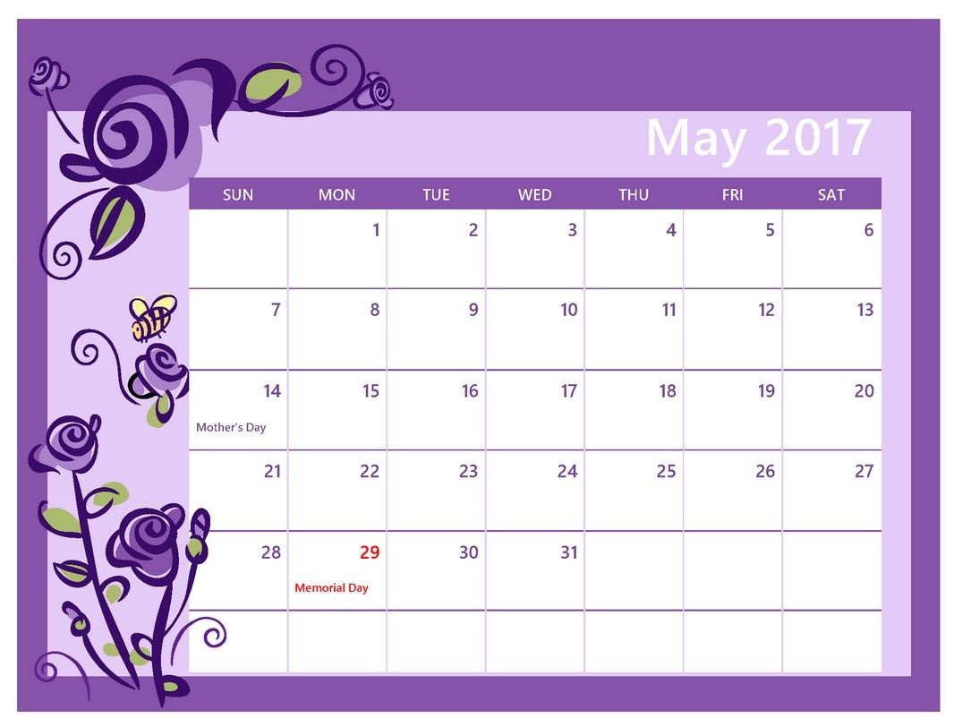 Free Download May Calendar 2017 With Holidays