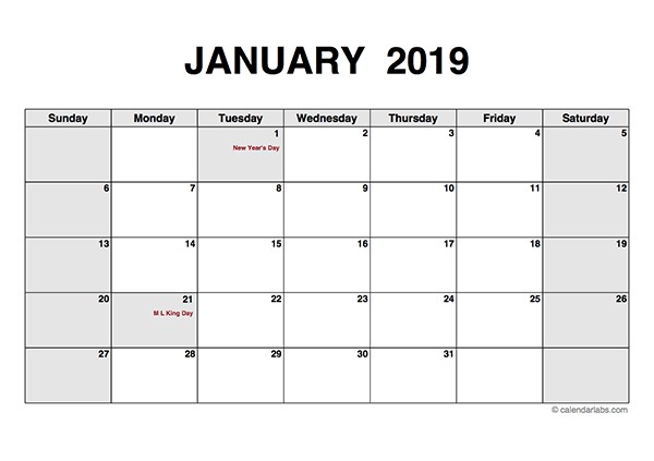2019 Monthly Calendar PDF Free Printable Templates