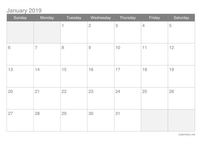 2019 Printable Calendar PDF or Excel icalendars