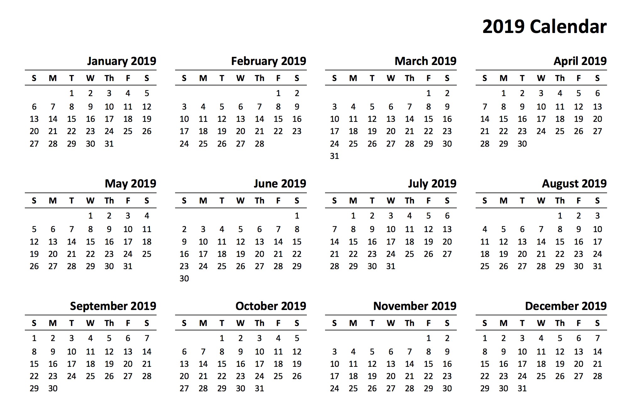 2019 Printable Calendar Templates PDF Excel Word Free