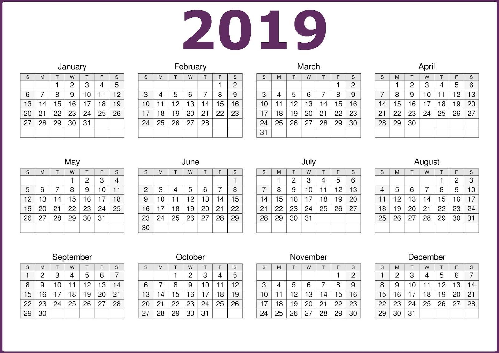 2019 e Page Printable Calendar Download