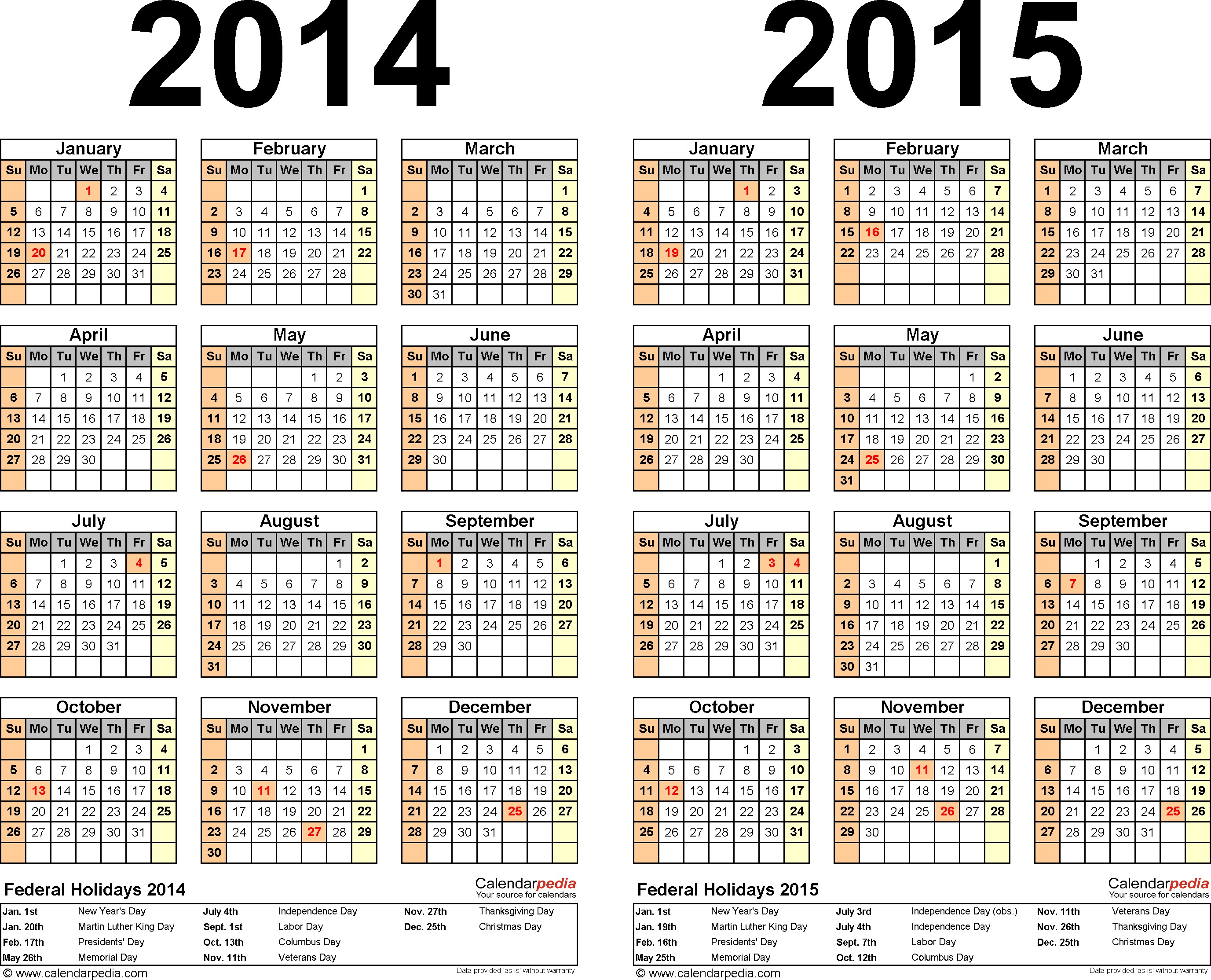 2014 2015 Calendar free printable two year Word calendars