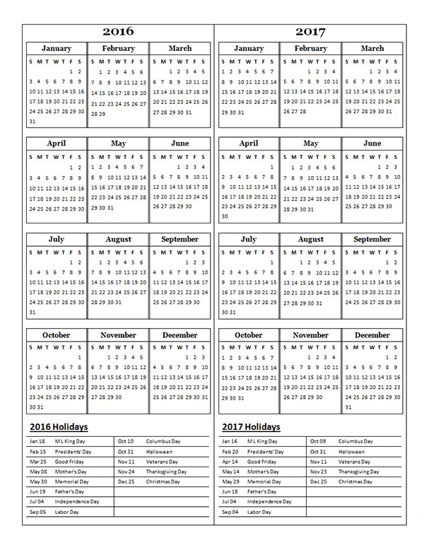2016 Two Year Calendar Free Printable Templates
