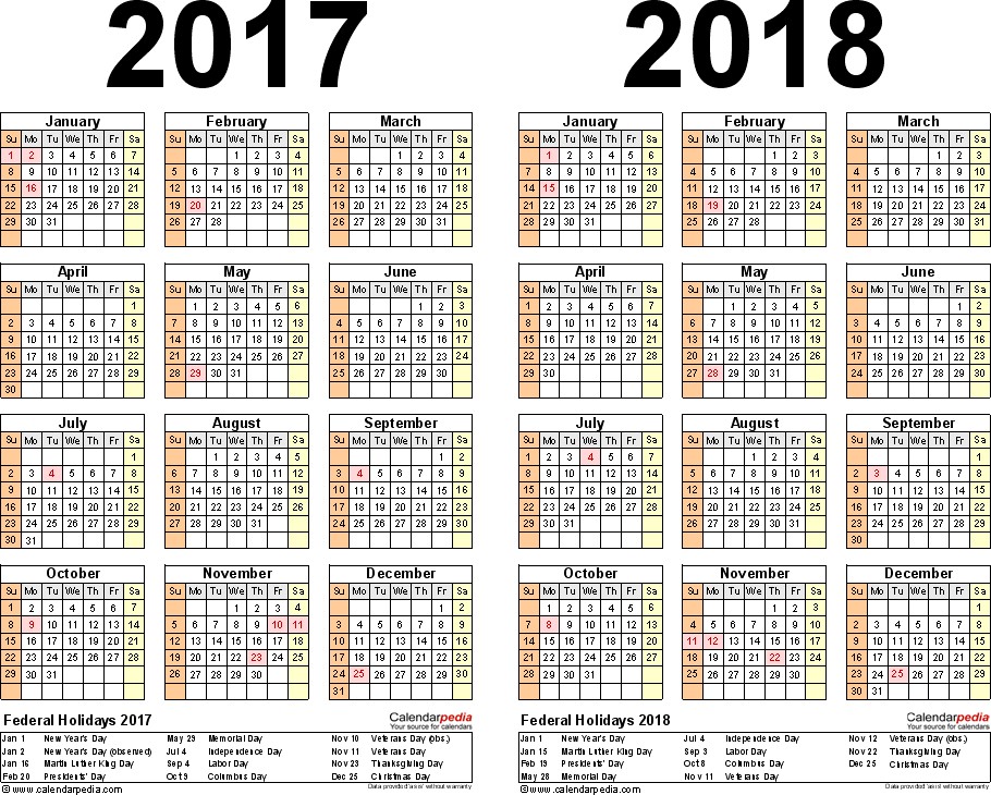 2017 2018 Calendar free printable two year Word calendars