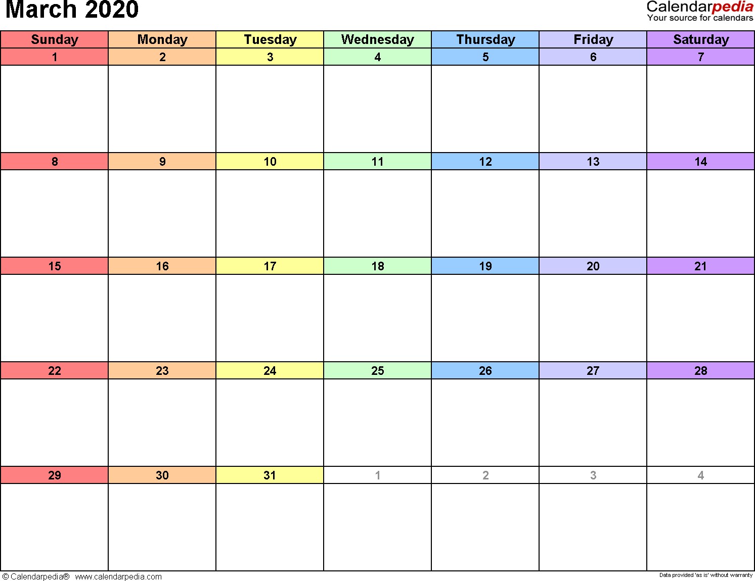 March 2020 Calendars for Word Excel & PDF